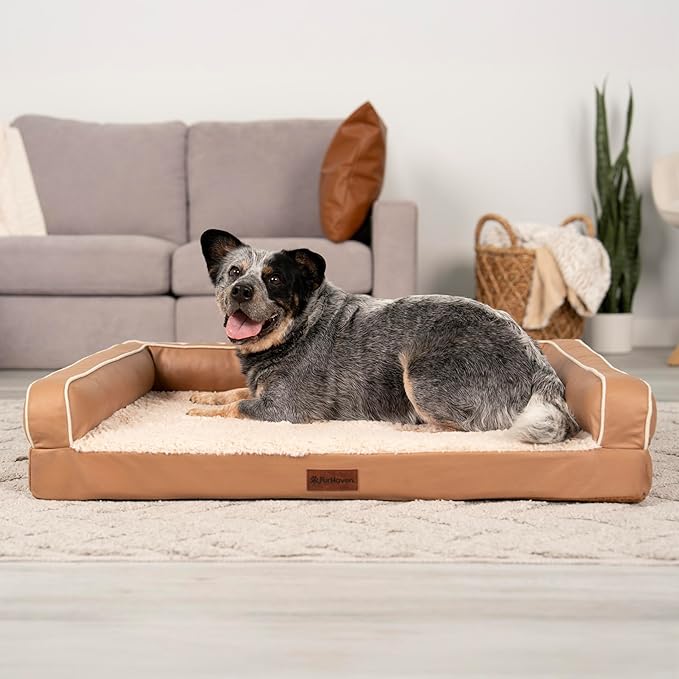 FurHaven Orthopedic Dog Sofa Bed – Memory Foam Couch with Bolsters, Textured Plush & Water-Resistant Cover, Washable Cover, Joint Support - Camel, Large-PawvioPets