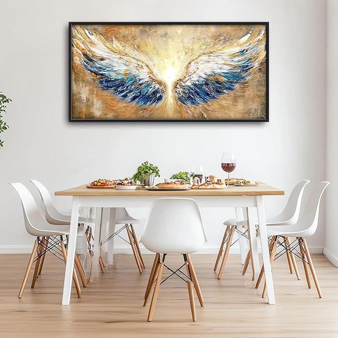 Extra Large Angel Wings Framed Wall Art for Living Room,Oversized Golden Wings Pictures Wall Decor,Holy Gold Blue Canvas Print Painting Modern Artwork Bedroom Office Bathroom 60L" x 30W"-PawvioPets