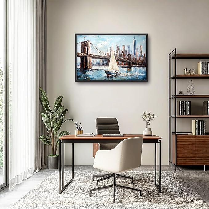 Extra Large Sailboat Framed Wall Art for Living Room,Oversized New York Brooklyn Bridge Pictures Wall Decor,Cityscape Canvas Print Painting Modern Artwork Bedroom Office Bathroom 36L" x 24W"-PawvioPets
