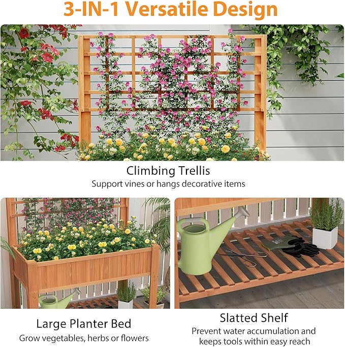 Giantex Raised Garden Bed with Trellis, Wooden Elevated Planter Box with Legs, Drainage Holes for Climbing Plants Vines Vegetables Flowers Herbs, Outdoor Horticulture Planter for Patio Yard (Brown)-PawvioPets