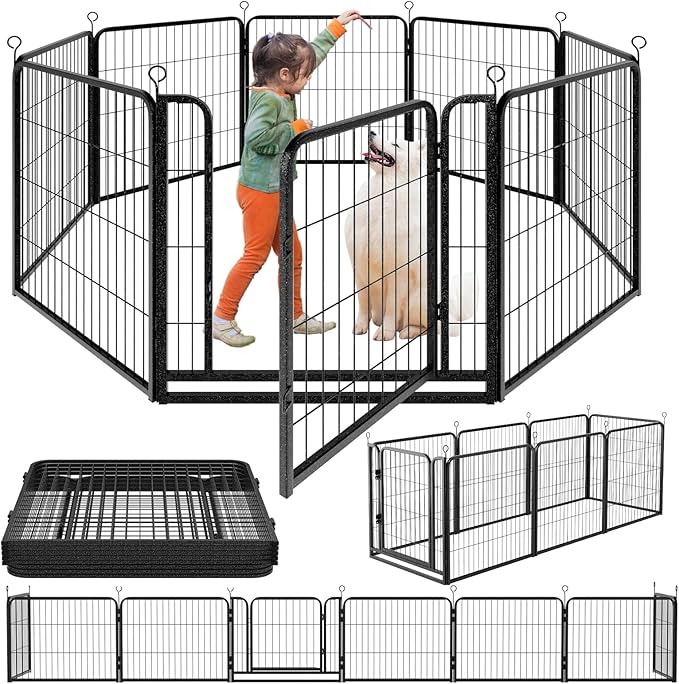 Dog Playpen Outdoor Extra Wide 8 Panels Heavy Duty Dog Fence 32" Height Anti-Rust with Doors Portable for RV Camping Yard, Total 21FT, 35 Sq.ft, Snowy Black-PawvioPets