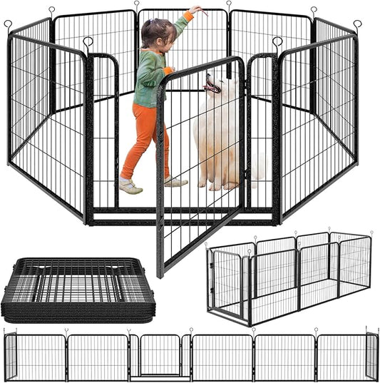 Dog Playpen Outdoor Extra Wide 8 Panels Heavy Duty Dog Fence 32" Height Anti-Rust with Doors Portable for RV Camping Yard, Total 21FT, 35 Sq.ft, Snowy Black-PawvioPets