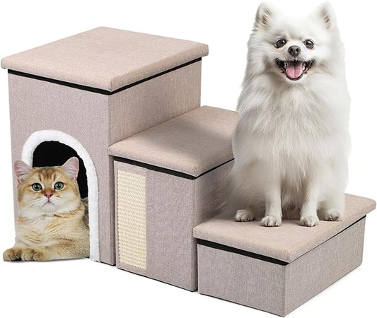 Dog Steps for Bed and Couch, 17”H Foldable Dog Stairs for Small Older Dogs Cats, Adjustable Pet Cat Stairs Ramps with Storage with Condo, Scratcher, Hold Up to 180LBS, Pet Cat Steps Beige-PawvioPets