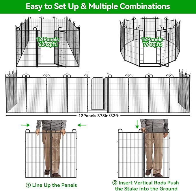 Dog Playpen Outdoor 12 Panels Heavy Duty Dog Fence 47" Height Anti-Rust with Doors Portable for RV Camping Yard, Total 27FT, 58 Sq.ft, Snowy Black-PawvioPets