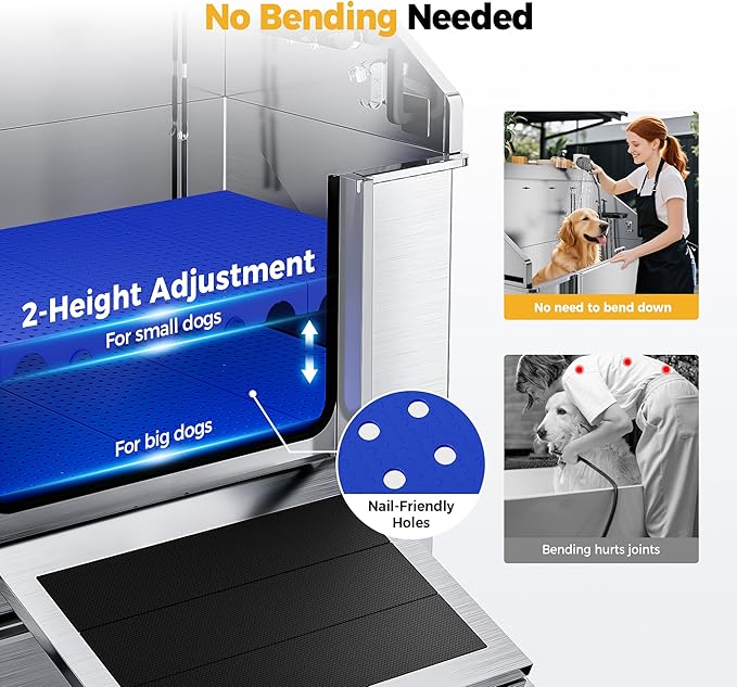 50" Dog Washing Station - 304 Stainless Steel, 27.4" Wide Ramp, Water-Storing Dog Bathing Station w/Swivel Wheels, Pet Proof Faucet, 2 Drawers, Dog Bathtub for Medium & Small Dogs-PawvioPets