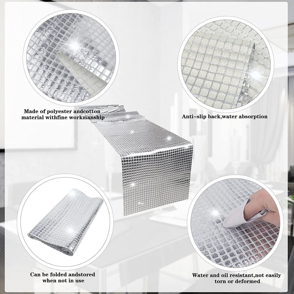 12 x 72 Inches Glitter Disco Table Runner - Retro 70s 80s Theme Decor - Silver Sequin - Bachelorette & Wedding Party Supplies