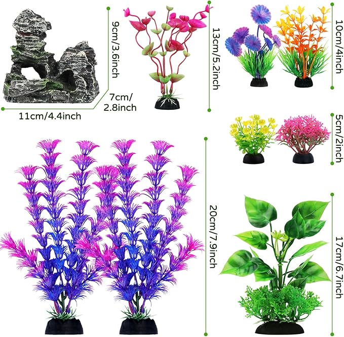 Fish Tank Accessories Aquarium Decorations Plants, 9pcs Colorful Fish Tank Artificial Plants and Cave Rock Decor Set, Aquarium Decor Plastic Plants-PawvioPets