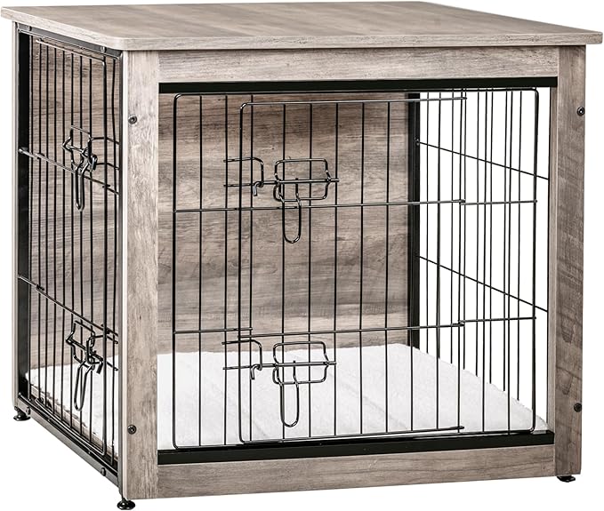 DWANTON Dog Crate Furniture with Cushion, Wooden Kennel Table with Double Doors, Indoor Dog House, Small/Medium/Large/Extra Large Size, 27.2" L, Greige-PawvioPets