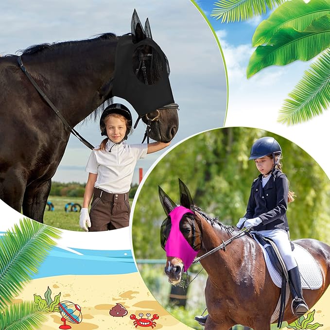 Frienda 4 Pcs Horse Fly Masks with Ears Head Fly Masks for Horses Smooth Elastic UV Protection Cover from Summer Insect Pests(Medium,Purple, Blue, Pink, Black)-PawvioPets
