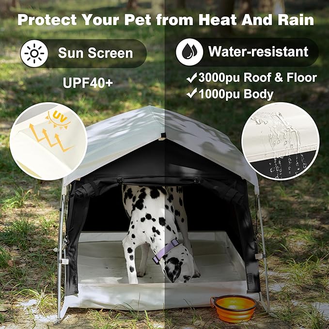 Dog Tent Cotton Fabric, Aluminum Poles and Camping Mat, Outdoor Weatherproof, Dog House Outdoor, Breathable with 2 Side Windows, Portable and Collapsible (Black, Large)-PawvioPets