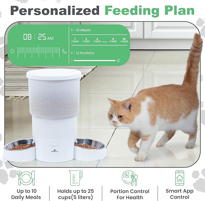 Automatic Cat Feeder for 2 Cats – Dual Food Dispenser with App Control, 5L Capacity (20 Cups), Smart Cat Food Dispenser for Multi Cats, Dual Pet Feeder with Stainless Steel Bowls and WiFi-PawvioPets