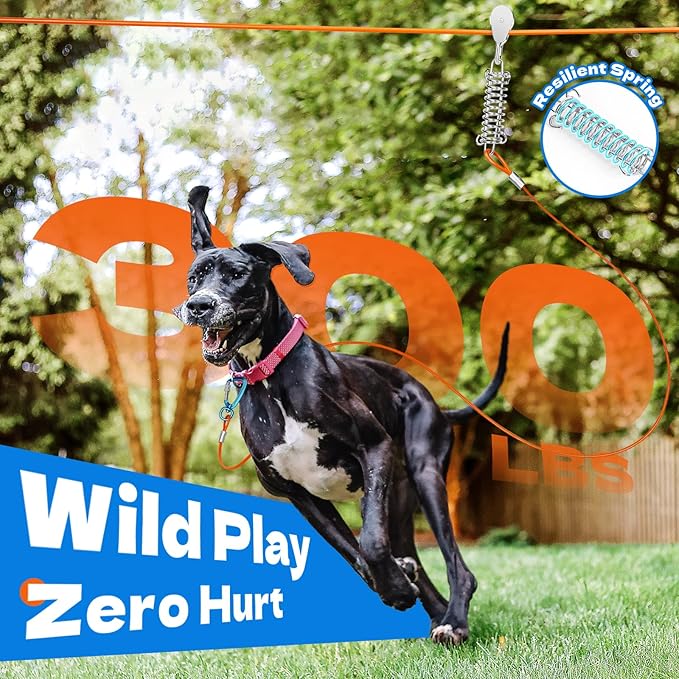 50ft Dog Runner for Yard Large Dog Heavy Duty with Double Shock Absorbers Tangle-Free Aerial Trolley System for Large Dogs Up to 250lbs(Orange)-PawvioPets