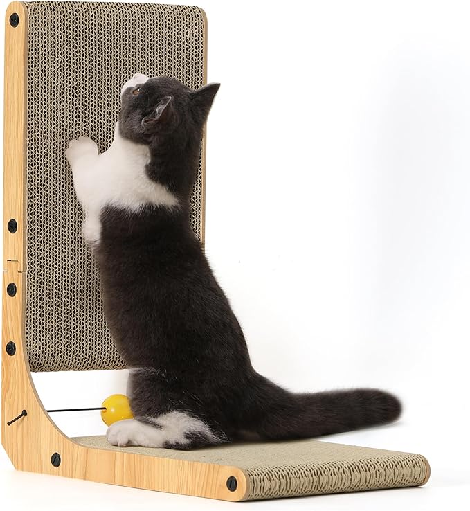 FUKUMARU Cat Scratcher, 18.9 Inch L Shape Cat Scratch Pad, Vertical Cat Scratcher Wall Mounted, Cat Scratching Cardboard with Ball Toy for Indoor Cats-PawvioPets