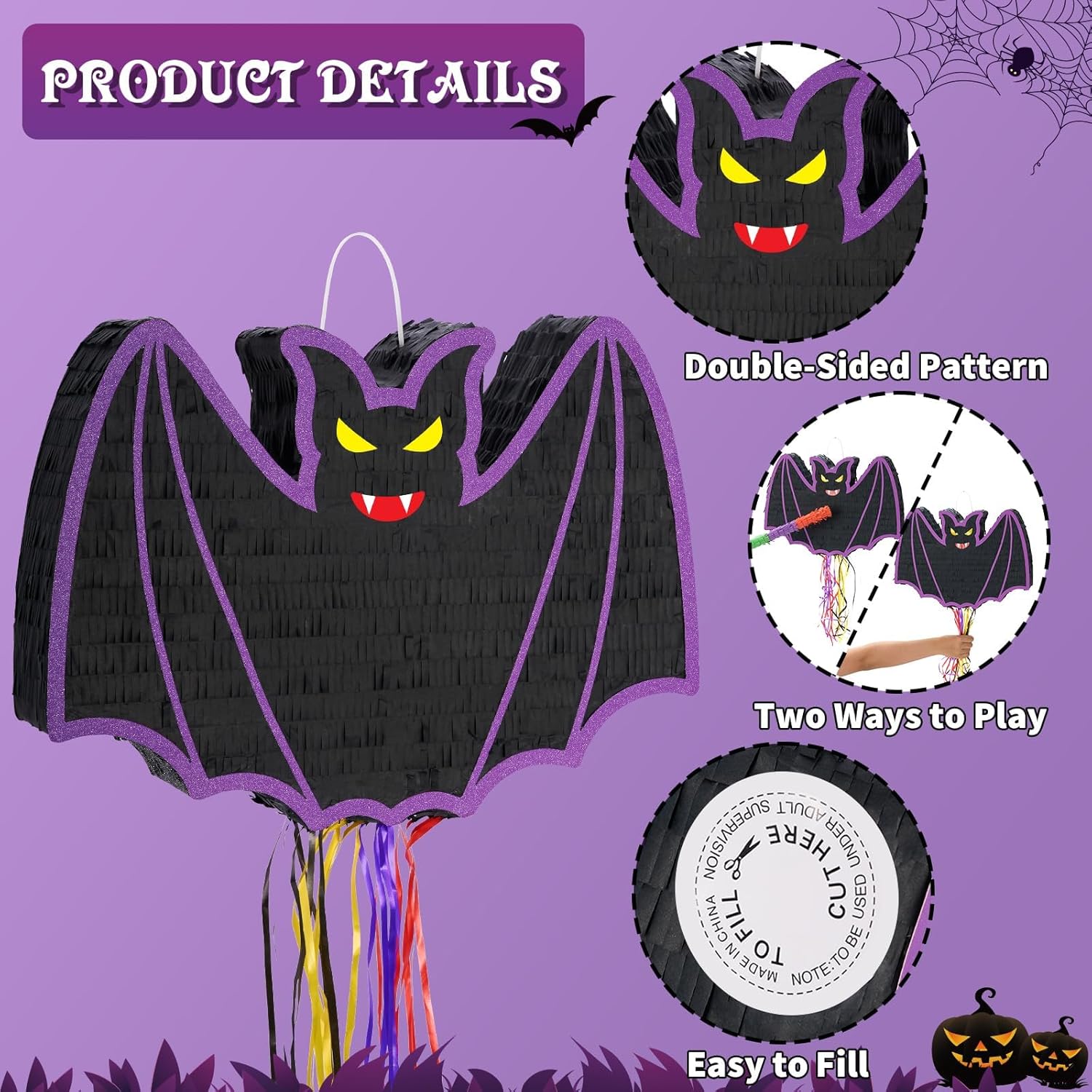 WERNNSAI Halloween Pinata - Halloween Party Decoration Scary Hallo-ween Pinata for Kids Baby Hallo-ween Costumes Party Purple Evil Bat Design Hallows Eve Decor Favor with Bat & Blindfold