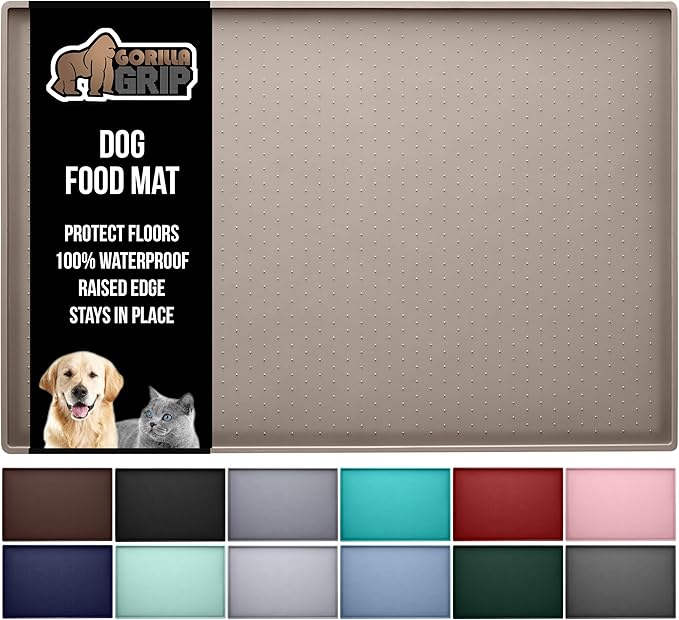 GORILLA GRIP 100% Waterproof Raised Edge BPA Free Silicone Pet Feeding Mat, Dog Cat Food Mats Contain Spills Protects Floors, Placemats for Cats and Dogs Water Bowl, Pets Accessories 28x18 Beige-PawvioPets
