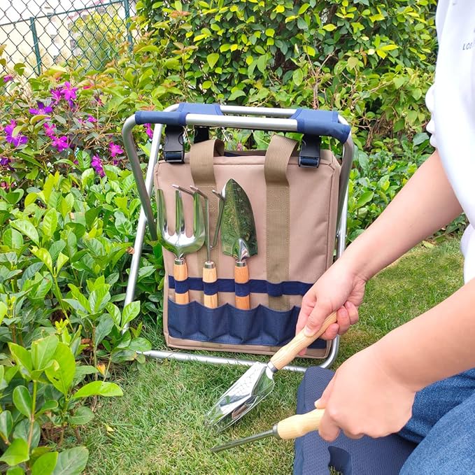 Garden Folding Gardener Stool with Gardening Tools Insulation Garden Bags Plus 5 Garden Tools and Gardening Kneeler Ideal Gift for Mother's Day/Father's Day (Navy Blue)-PawvioPets