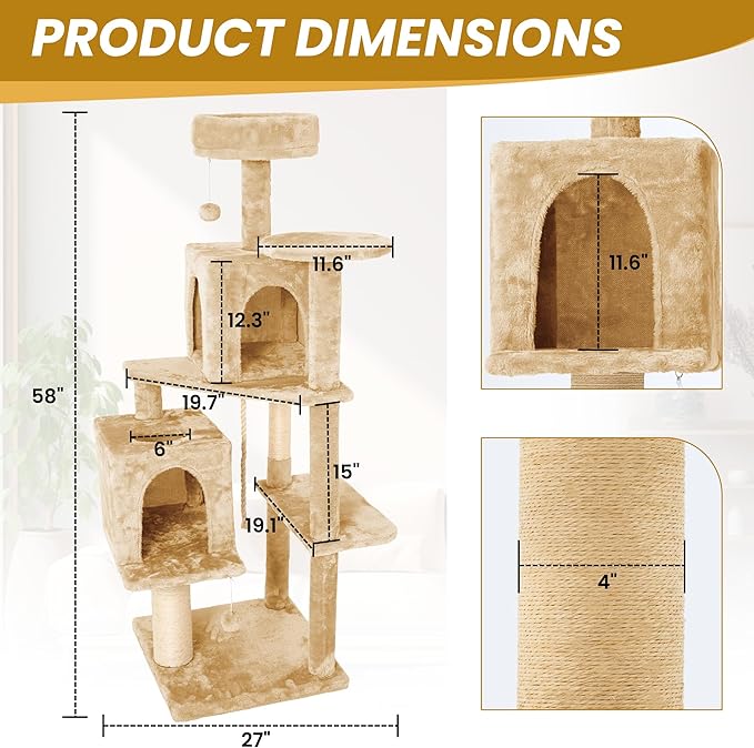 59in Large Cat Tree Tower for Indoor Cats with Soft Plush Hang Ball, Two Condos, Sisal Scratch Posts & Rope Play for Kittens/Adult Cats, New Beige-PawvioPets