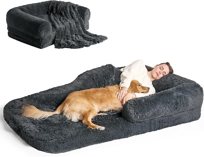 EHEYCIGA Foldable Human Dog Bed, Orthopedic Memory Foam Human Sized Dog Bed, Waterproof Pet Bed for People, Faux Fur Pet Couch for Adult, Dark Grey, 72"x44"x11"-PawvioPets