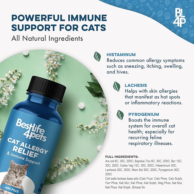 Cat Allergy Relief & Immune Support, Natural Relief for Seasonal Allergies, Itching, Sneezing, Congestion, Runny Nose, and Feline Respiratory Infections, 400 Small Odorless Tasteless Pills-PawvioPets