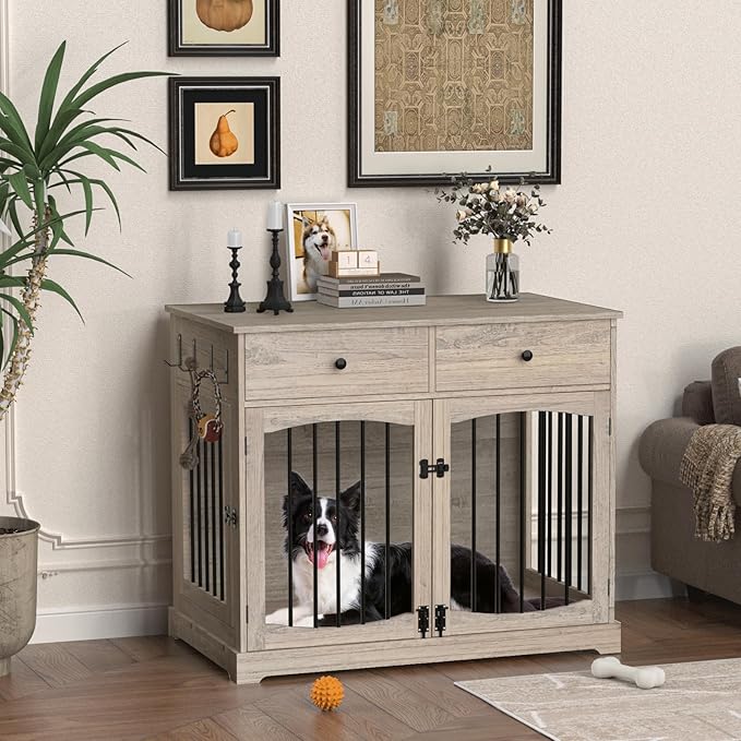 BREEZEHEAT 40 inch Dog Crate Furniture-Farmhouse Dog Kennel with Drawers-End Table Wooden Pet Crate, Double Door Design, Decorative Dog House Indoor for Small Medium Large Dog, Oak Grey-PawvioPets