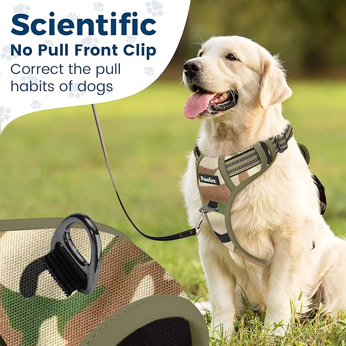 Funfox Dog Harness No Pull, Adjustable Pet Vest Harness, Super Soft Material with Vertical Handle Easy Control, Reflective Night Walking, 2 Leash Clips for Small Sized Dogs, Camo Green, S-PawvioPets