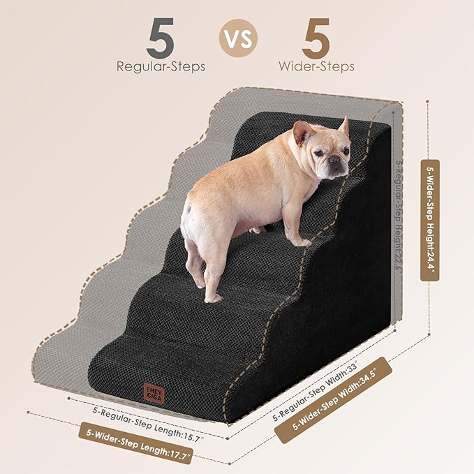 EHEYCIGA Curved Dog Stairs Ramp for High Beds, 5-Step Extra Wide Dog Steps for Small Dogs and Cats, Pet Stairs for High Bed Climbing, Non-Slip Balanced Pet Step Indoor, Black-PawvioPets
