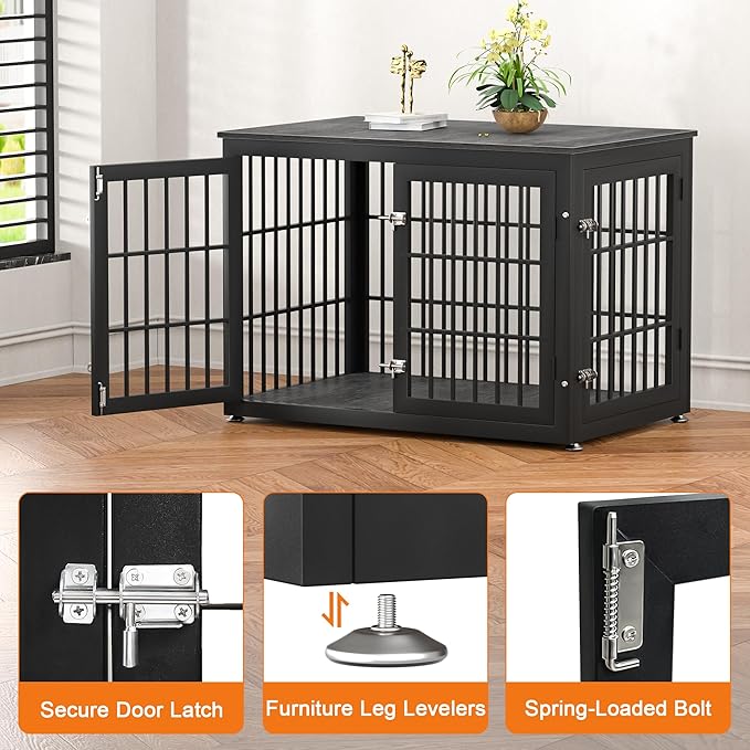 38 Inch Heavy Duty Dog Crate Furniture for Large and Medium Dogs, Decorative Pet House End Table, Wooden Cage Kennel Furniture Indoor, Gray-PawvioPets