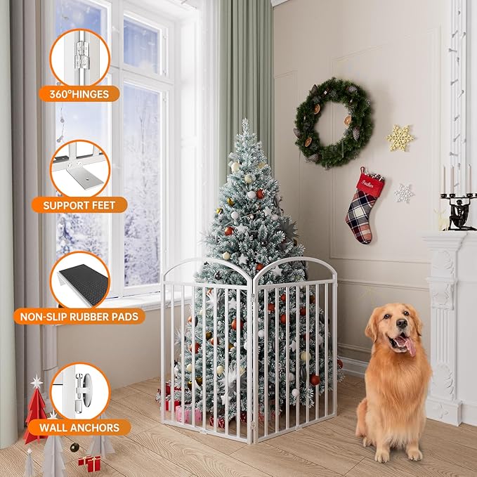 2 Panles Full Matel Freestanding Dog Gates with Door, 48"Extra Wide 36"Tall Free Standing Dog Pet Gate for Indoor & Outdoor. Foldable Pet Fences for Doorways, House, Stairs, Porch, Deck, Yard-PawvioPets