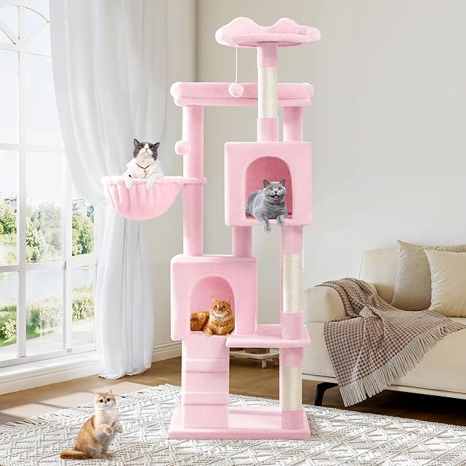 Allewie 64 Inches Cat Tree Tower/Multi-Level Activity Center for Indoor Big Felines/2 Plush Condos/2 Perchs/Basket/House/Sisal Scratching Posts/Hanging Cat Toys/Pink-PawvioPets