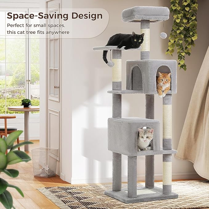 62-Inch Cat Tree for Indoor Cats, Large Cat Tower with Scratching Posts for Large Cats, 2 Bigger Plush Condos, Padded Platform, Soft Cat Bed and Scratching Pad, 2 Pompoms, Gray-PawvioPets