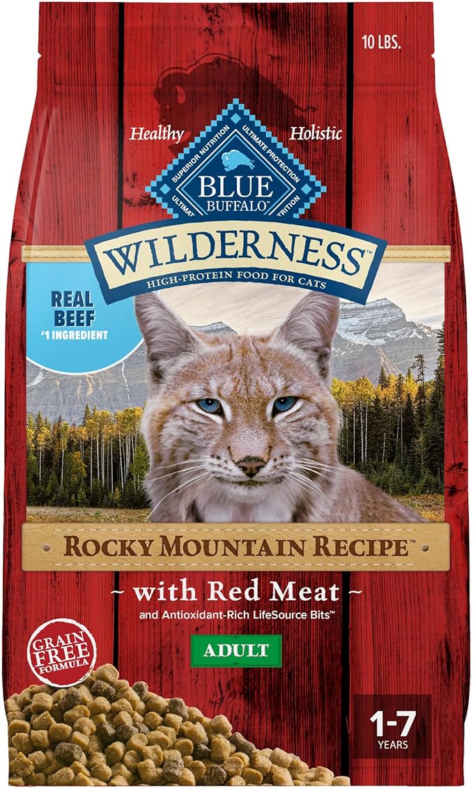 Blue Buffalo Wilderness Adult Dry Cat Food, Rocky Mountain Recipe, Chicken-Free & Grain-Free Recipe Made with Natural Ingredients, Red Meat, 10-lb Bag-PawvioPets