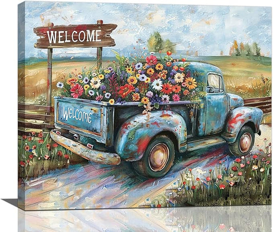 Farmhouse Truck Wall Art Rustic Country Wildflowers Wall Decor Road Flowers Landscape Pictures Canvas Print Painting Artwork for Bathroom Living Room Bedroom 20"x24"-PawvioPets