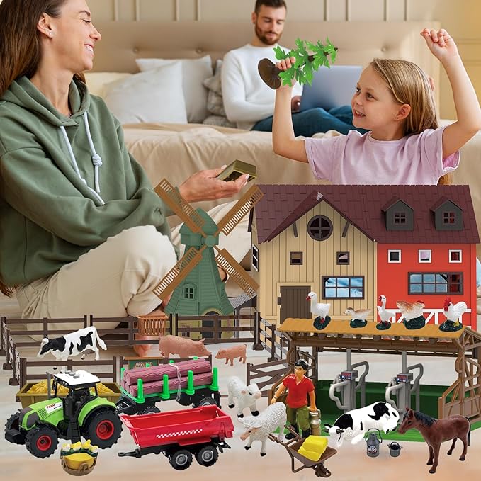 136PCS Farm Animals Toys Set Comes with Barn, Tractor Trailer, Milking shed, Windmill, Farmer, Fence - Playset for Kids Toddlers Boys Girls 5+ Years Old-PawvioPets