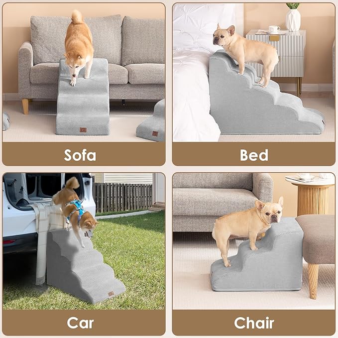EHEYCIGA Curved Dog Stairs Ramp for High Beds 22.6" H, 5-Step Dog Steps for Small Dogs and Cats, Pet Stairs for High Bed Climbing, Non-Slip Balanced Pet Step Indoor, Light Grey-PawvioPets