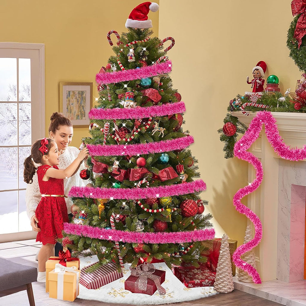 25 Feet Metallic Twist Tinsel Garland - Wall Hanging Backdrop for Holidays (Pink, 4in x 25ft)