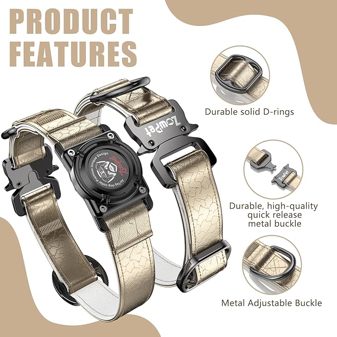 Airtag Dog Collar - Leather Dog Collar with Airtag Holder| IP68 Waterproof AirTag Holder with Metal Buckle, Comfortable GPS Dog Collars Tracker for Medium Large Dogs (Champagne Gold, L)-PawvioPets