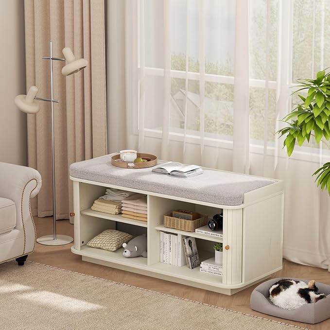 Cream White 39.4" W 2-Tier Shoe Bench with Storage | Entryway Bench with Padded Cushion, Sliding Doors & 5 Hooks-PawvioPets