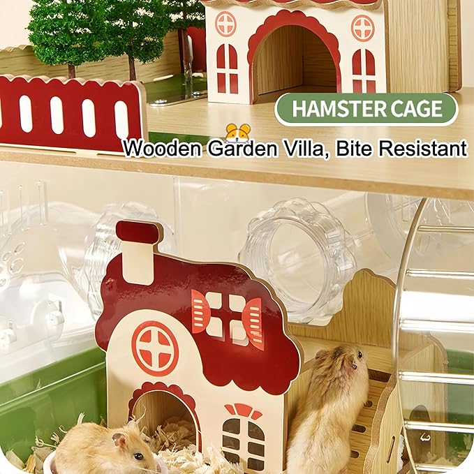 17 in 1 Clear Acrylic Hamster Cage with All Accessories,13.5''L* 10''W* 21''H Dwarf Hamster Cage,Magnetic Connection Small Hamster Enclosure,Garden Style Wooden Pet Mouse Cage for Pet Mice(3-Layer)-PawvioPets