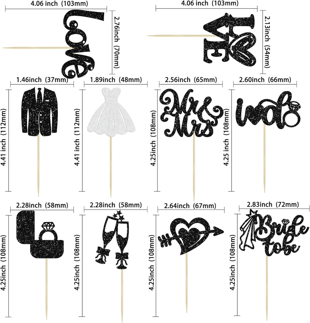 Ephlyn 30Pcs Bride to be Cupcake Toppers Glitter Wedding Cake Topper Decorations I Do Love Heart Ring Cupcake Picks for Bridal Shower Wedding Engagement Party Supplies Black