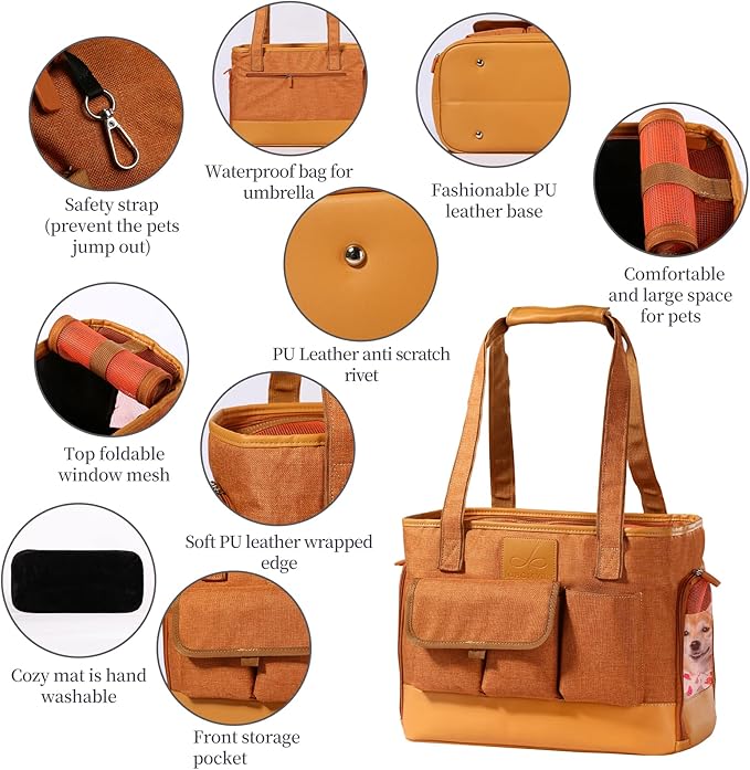 Cat Carrier, Dog Carrier, Pet Carrier, Foldable Waterproof Premium PU Leather Oxford Cloth Dog Purse, Portable Bag Carrier for Small to Medium Cat and Small Dog-Brown-PawvioPets