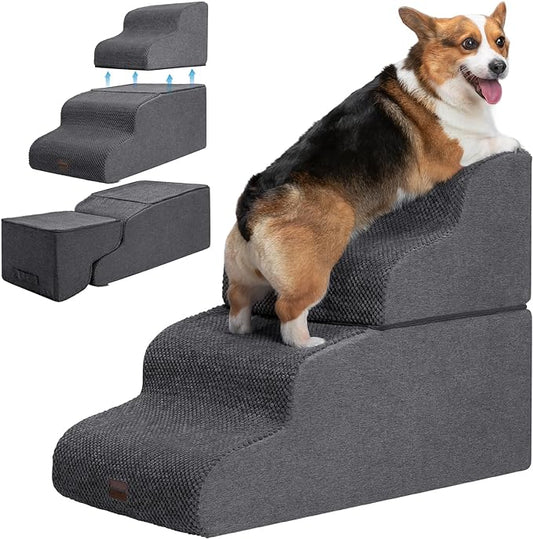 Dog Stairs for High Beds, 4-Step Dog Steps for Small Dogs and Cats, Foldable Pet Stairs for High Bed Climbing, Non-Slip Balanced Pet Step Indoor, Dark Grey-PawvioPets