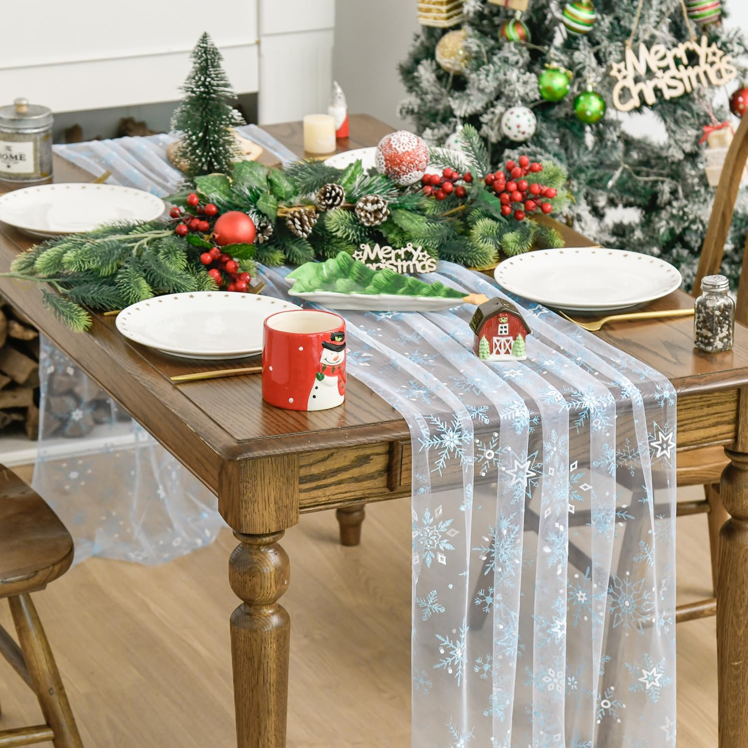 Artoid Mode Blue Snowflakes Merry Christmas Gauze Table Runner 120 Inch 10FT, Winter Seasonal Sheer Dining Holiday Wedding Table Decor for Home Party