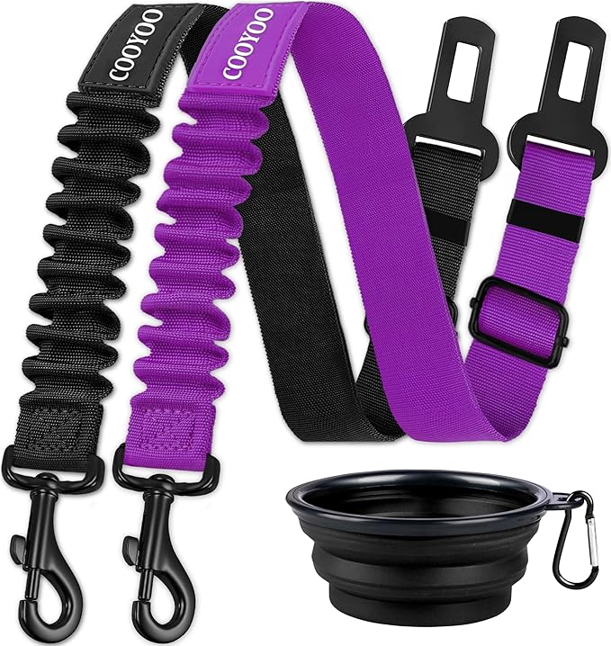 COOYOO Dog Seat Belt,3 Piece Set Retractable Dog Car Harness Adjustable for Vehicle Nylon Pet Safety Heavy Duty & Elastic-PawvioPets