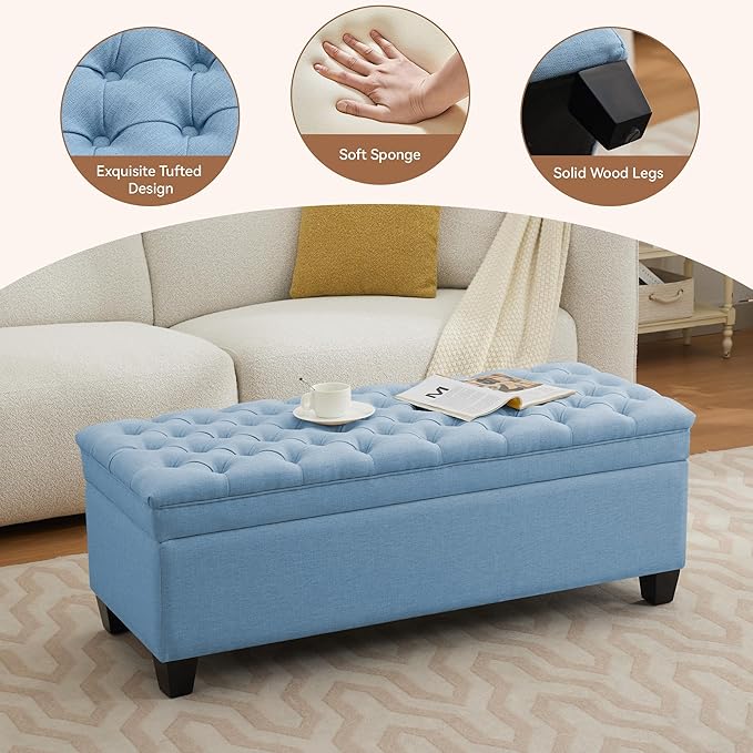 51" Fabric Storage Ottoman Bench, Upholstered Rectangle End of Bed Storage Ottoman Tufted Living Room Bedroom Bench with Safety Hinge, Solid Wood Legs, Loads 500 lb(Light Blue)-PawvioPets