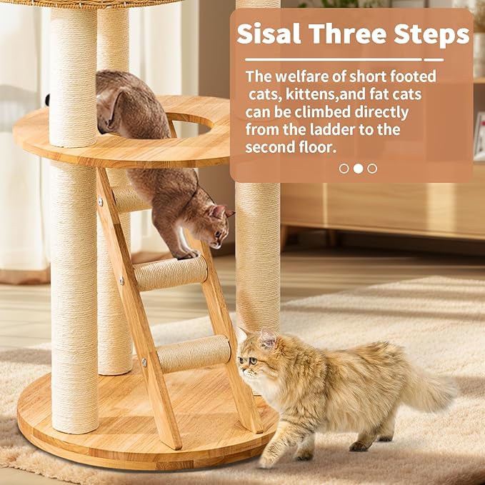 Big Modern Design Cat Tree Tower, Cat Tower Sisal-Covered Scratching Posts for Indoor Cats, Natural Oak Wood Cat Tree for Large Cats, Multi-Level Cat Condo with Sisal Staircase-PawvioPets