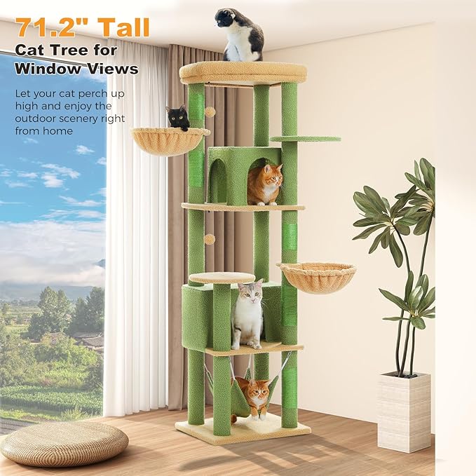71.2" Large Cat Tree for Multi-Cat Households - 9-Level Cat Tower w/5 Sisal Scratching Posts, 2 Condos, Soft Hammock, Top Perch & Pom Poms - Heavy-Duty Space-Saving Design, Cactus Green-PawvioPets