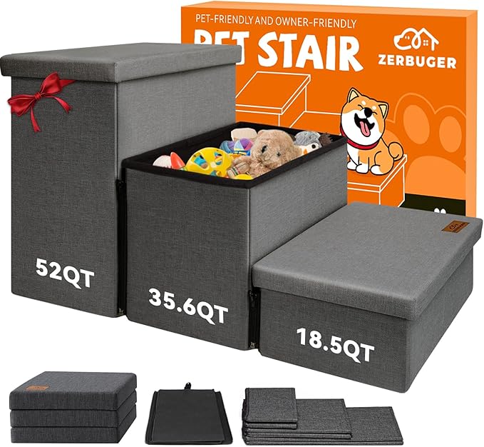 Dog Stairs with Storage 18" H, 3-Step Wider Dog Steps for Small/Medium/Large Old Dogs Cats, Folding Sturdy Pet Stairs Climbing Bed Couch, Ramp for Car Hold Up to 200 lbs (Dark Grey, No Condo)-PawvioPets