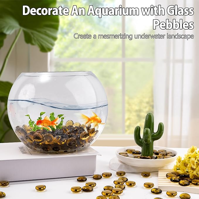 Amber Glass Marbles, 0.97LB Transparent and Smooth Mancala Stones, Yellow Flat Glass Beads for Vases, Mosaic Gem Pebbles for Aquarium Decor, Floral Arrangements Vase Filler and Crafts,Approx.80-100PCS-PawvioPets