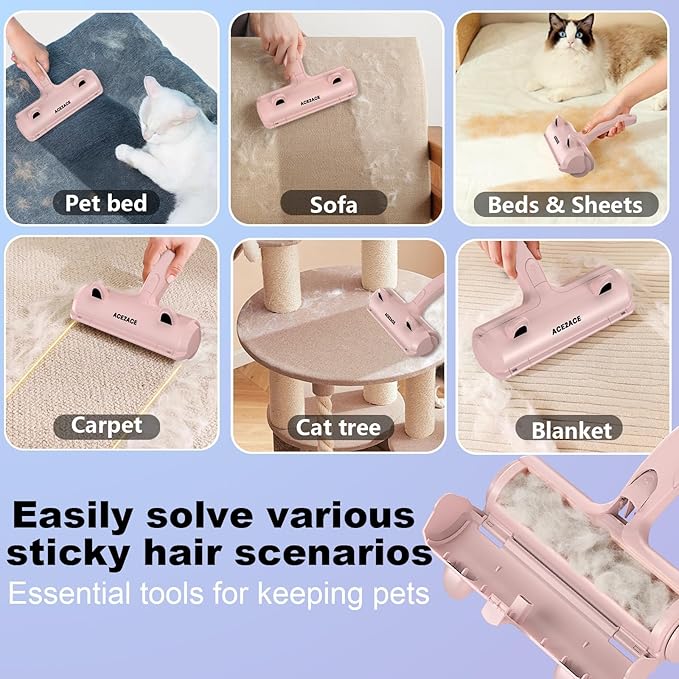 ACE2ACE Pet Hair Removal Tool, Lint Roller Brush for Cats and Dogs, Reusable Self Clean Pet Fur Remover, Pet Hair Remover for Laundry, Carpet, Furniture, Couch, Sofa and Bedding (Pink)-PawvioPets