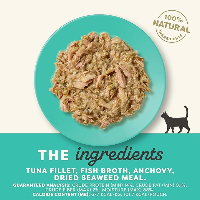 Applaws Natural Wet Cat Food in Broth, Limited Ingredient Wet Cat Food Pouches, No Additives, Made with Natural Ingredients, Tuna Fillet with Anchovy & Seaweed in Broth (12 x 5.3oz Pouches)-PawvioPets